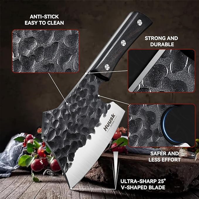 Huusk Meat Cleaver Knife Heavy Duty Bone Chopper, Hand Forged Kitchen Axe with Sheath, Full Tang Bone Chopping Knife, Japanese Butcher Knife for Meat Cutting, Kitchen Father Gift Idea Men