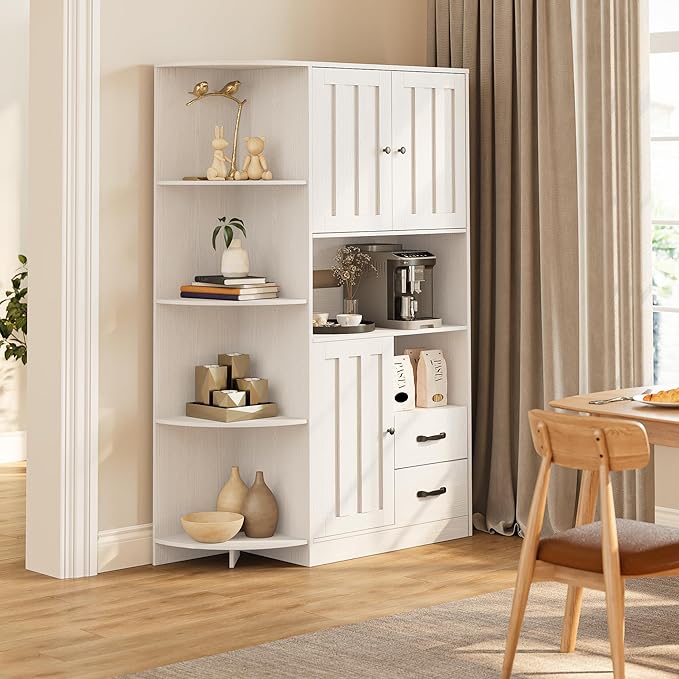 Gizoon 60.4" Pantry Cabinet with Coffee Bar, Tall Kitchen Pantry Storage Cabinet with Microwave Stand and 2 Drawers, Farmhouse Hutch with 4 Open Tiers for Dining Room and Kitchen Organization, White