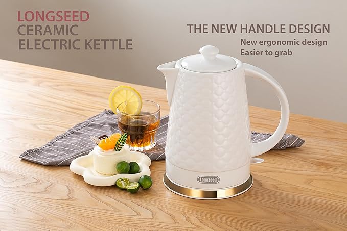 Ceramic Electric Kettle, 1.5L/1200W Boil Water Quickly and Easily with Boil-Dry Protection Auto Shut Off, Detachable Swivel Base, White Relief Carving