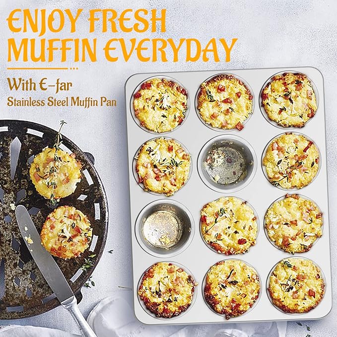 E-far 12-Cup Muffin Pan Set of 4, Stainless Steel Muffin Tins, Non-Toxic Metal Cupcake Pans Tray for Baking Small Mini Cupcake, Heavy Duty & Regular Size, Rust Free & Dishwasher Safe