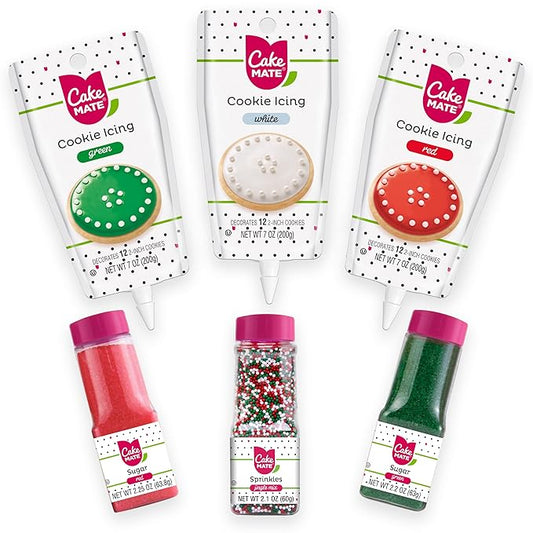 Cake Mate Christmas Decorating Kit – Red & Green Decorating Sugar (2.25 oz), White, Red & Green Cookie Icing Pouches (7 oz), Jingle Mix Non Pareil (2.1 oz) – Holiday Cookie, Cake, Cupcake & Dessert