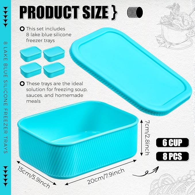 Nuogo 8 Pcs 6 Cup Silicone Freezer Trays with Lid Soup Containers Reusable Freezer Silicone Molds Rectangle Containers Ice Trays for Sauces Stews Curries, Lake Blue