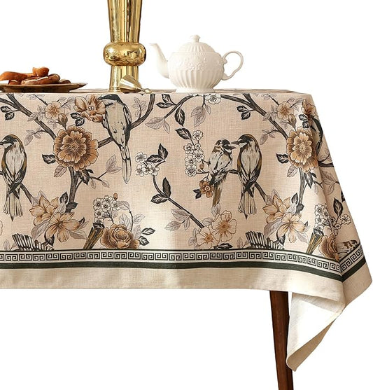 ISAENNE Designer Vintage Linen Long Rectangle Tablecloth,Floral and Bird Pattern Elegant Table Cloth,Fall Wrinkle Resistant Decor Tablecloths for Dining Kitchen Christmas,63"*102"-Murad A