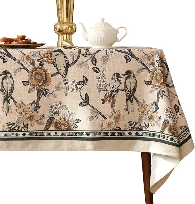 ISAENNE Designer Vintage Linen Small Table Cloth for Rectangle Table,Floral and Bird Pattern Tablecloths,Fall Wrinkle Resistant Decor Tablecloth for Dining Kitchen Party,55"*71"-Murad A