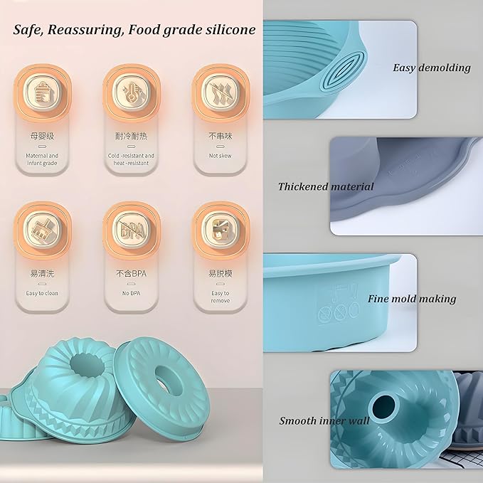 Thickened Silicone Bundt Cake Pan and Moldes Para Gelatinas, Heavy Duty Cake Mold for Baking, BPA Free, Mint Green (Rectangle 10"x10" / 1Pcs)