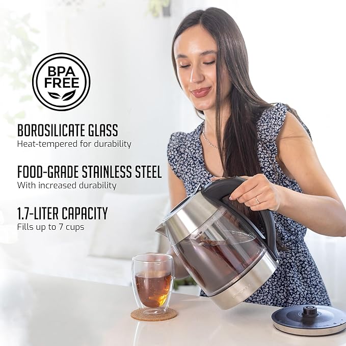 OVENTE Electric Tea Kettle with Temperature Control, Removable Tea Infuser, Easy to Fill Lid, Keep Warm Function, Auto Shut-Off, 1.7L Double Wall Borosilicate Glass, Stainless Steel Base, Silver KD68S
