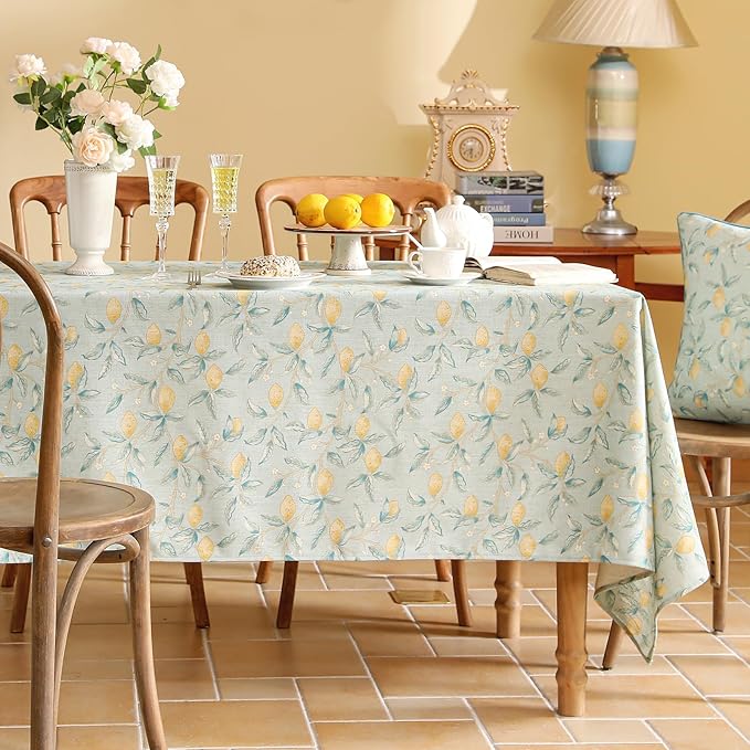 patdrea Designer Linen Long Green Tablecloth for Rectangle Table,Vintage Breathable Yellow Fruits Pattern Table Cloth,Decor Cover for Kitchen Dining,Christmas,Thanksgiving,Party,63"x94"-Ania a