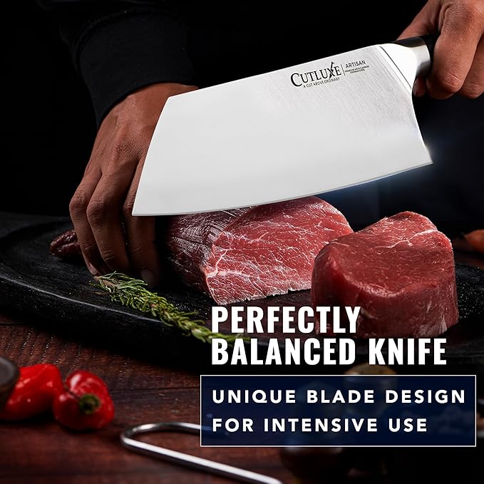 Cutluxe Meat Cleaver Knife - 7" Heavy Cleaver Butcher Knife, Razor Sharp German Steel Blade, Full Tang, Ergonomic Handle Design – Artisan Series