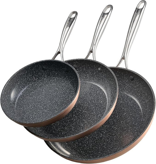 VEVOR Frying Pan Skillet, 3 Piece (8, 10, 12 in), Nonsitck Ceramic Heavy-Duty Skillets with Heat-Resistant Handle, Chef's Cookware, for Oven, Gas, Electric, Induction, Grey