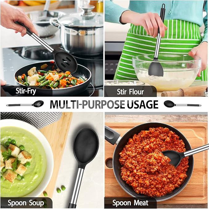 Pack of 2 Large Silicone Cooking Spoons, Non-Stick Stainless Steel Slotted and Solid Spoon Set for Serving, Mixing, Draining, Heat Resistant, Scratch Resistant and BPA Free Kitchen Scoops (Black)