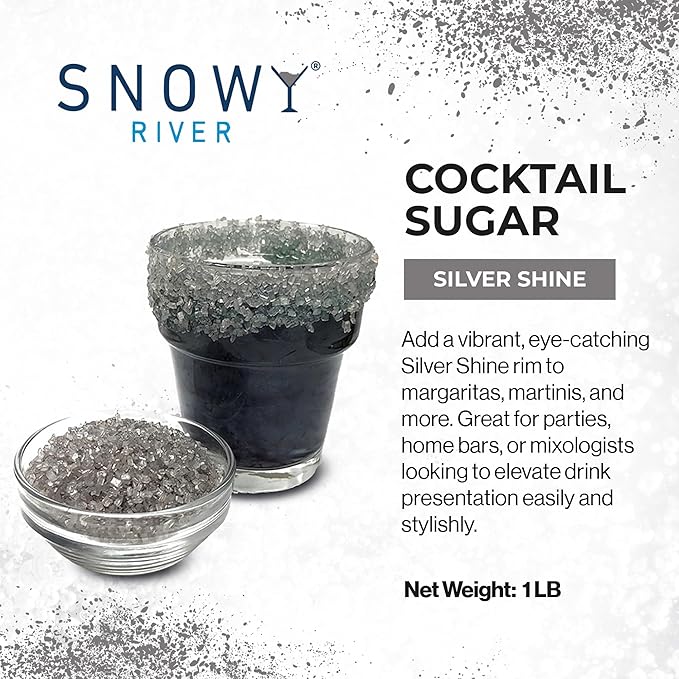 Snowy River Silver, Cocktail & Margarita Sugar Rimmer - Vibrant Naturally Colored Sugar for Cocktail Rimming, Baking & Decorating, Medium Crystal - 16oz