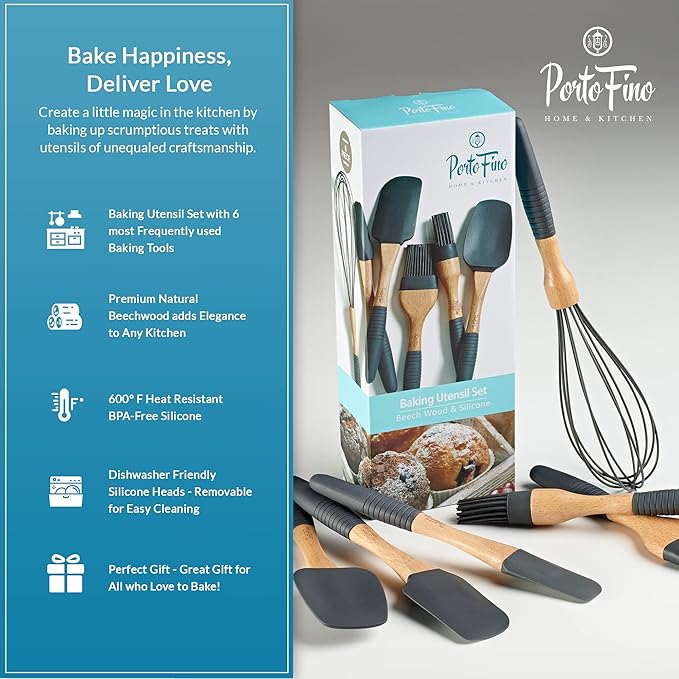Baking Utensils Set 6 Pieces - Spatula Set for Baking - Baking Essentials 3 Spatula, 2 Pastry Brush, 1 Whisk - Spatulas Silicone Heat Resistant - Silicone Cooking Utensils - Gift for women - Dark Grey