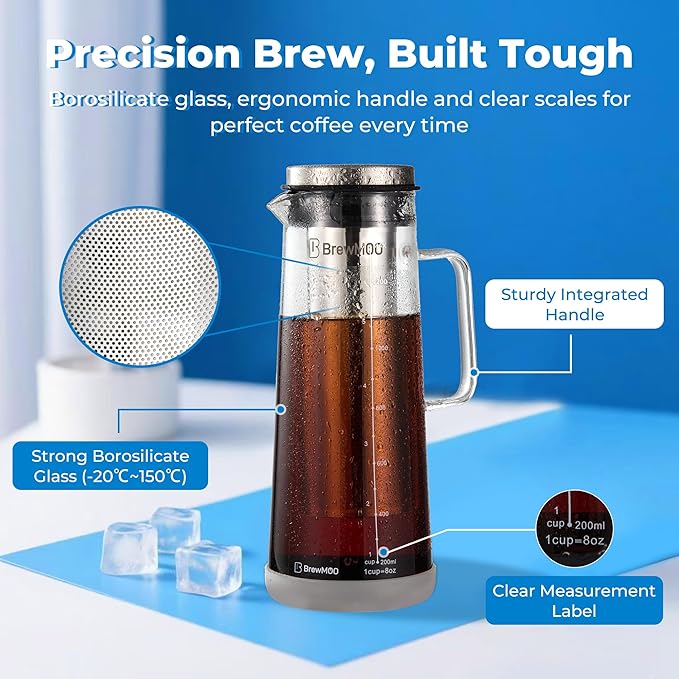 Cold Brew Coffee Maker, 1.4L/48Oz Cold Brew Pitcher | Ice Tea Maker with Airtight Glass Carafe, Filter, Non-Slip Base, Comfort Handle, Wide Spout (Grey)
