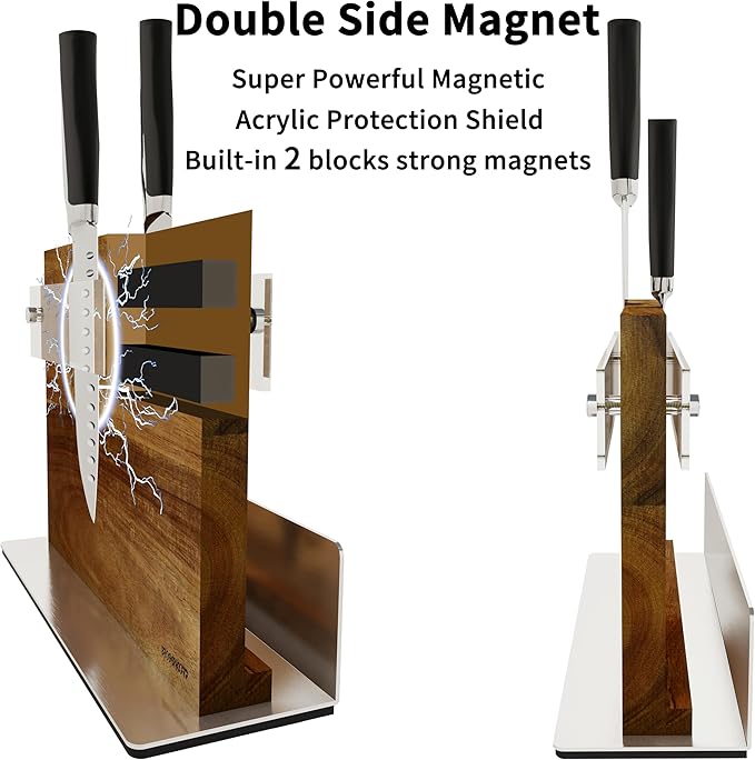Acacia Wood Magnetic Knife Block Stand with Thickened Acrylic Shield - Double-Sided Powerful Magnet Holder for 10+ Knives, Anti-Slip Base & Space-Saving Design