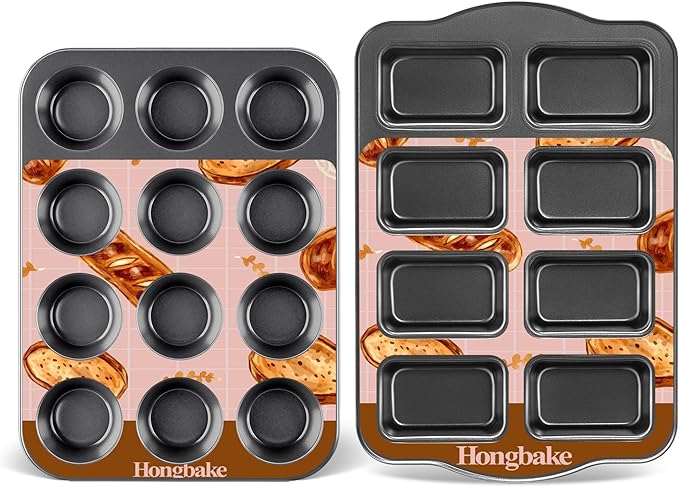 HONGBAKE Nonstick Muffin Pan 12 Cup and Mini Loaf Pans 8 Cavity, Cupcake Tin for Baking and Small Banana Bread Tray - Grey