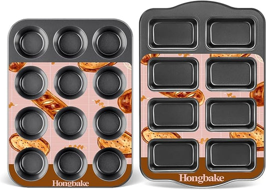 HONGBAKE Nonstick Muffin Pan 12 Cup and Mini Loaf Pans 8 Cavity, Cupcake Tin for Baking and Small Banana Bread Tray - Grey
