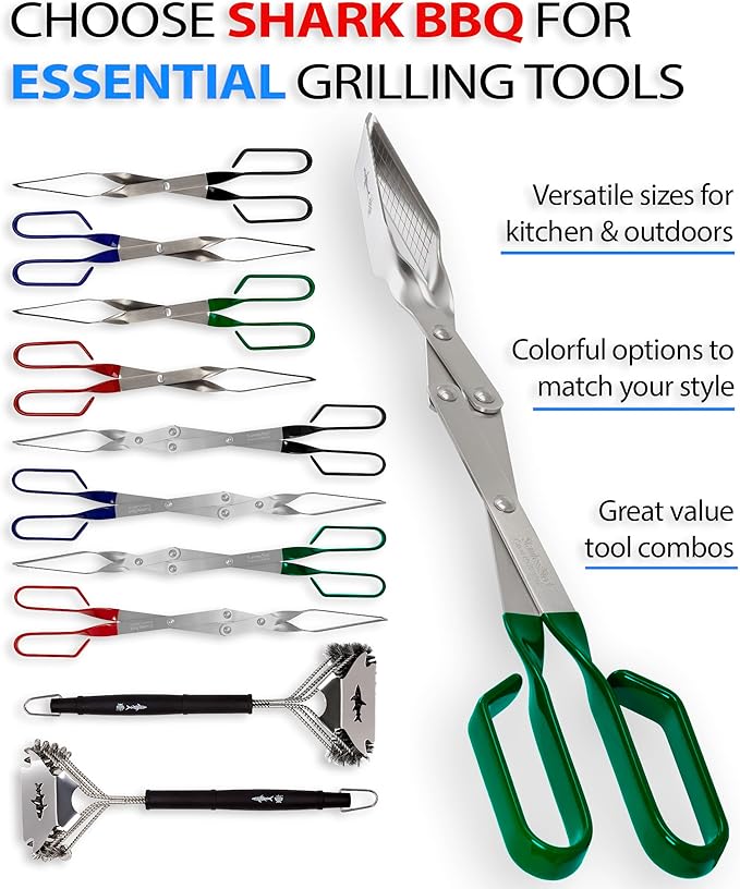 Shark BBQ Grill Tongs - 17 inch Green. Professional kitchen and outdoor grilling utensil. Long reach Barbeque Grilling Tongs. Ideal for steak, fish, burger, and sausage