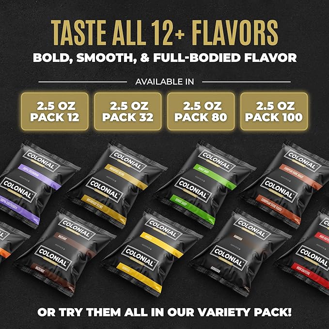 Colonial Coffee 12 Count Single Pot Coffee Packets – Assorted Variety Pack, Medium & Dark Roast Blends | Pre-Measured Frac Packs for 12 Cup Maker | Bulk Ground Gourmet Coffee for Home & Office
