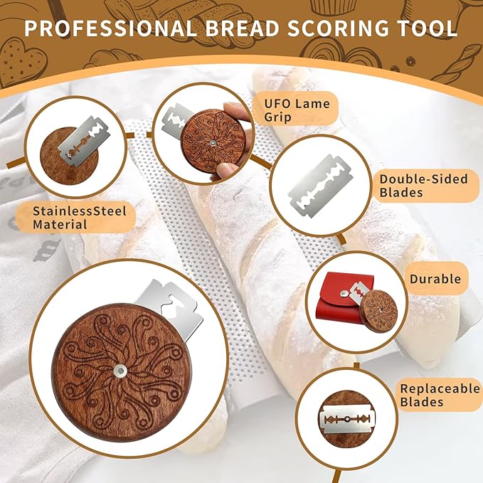 Bread Lame Sourdough Scoring Tool - Wooden Lame Bread Scoring Tool with 5 Razor Blades and Leather Storage Cover - UFO Bread Lame Dough Scoring Tool for Bread Baking
