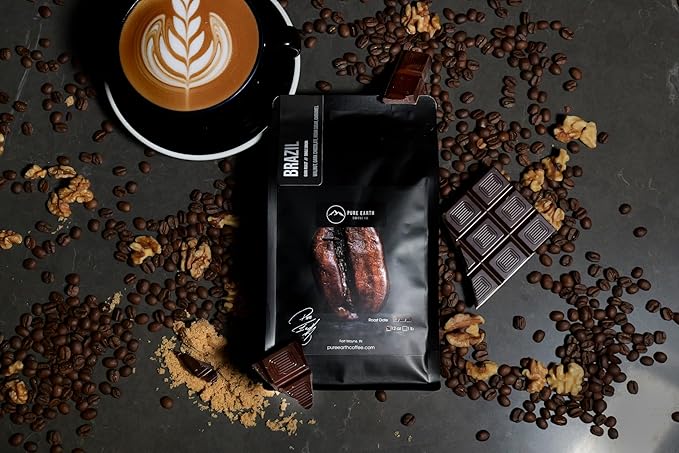 PURE EARTH COFFEE CO. Whole Bean Coffee, Brazil Single-Origin Beans, Dark Roast, Bold Gourmet Specialty Grade Coffee, Chocolate, Walnut, Bold and Smooth Flavor Notes 12oz