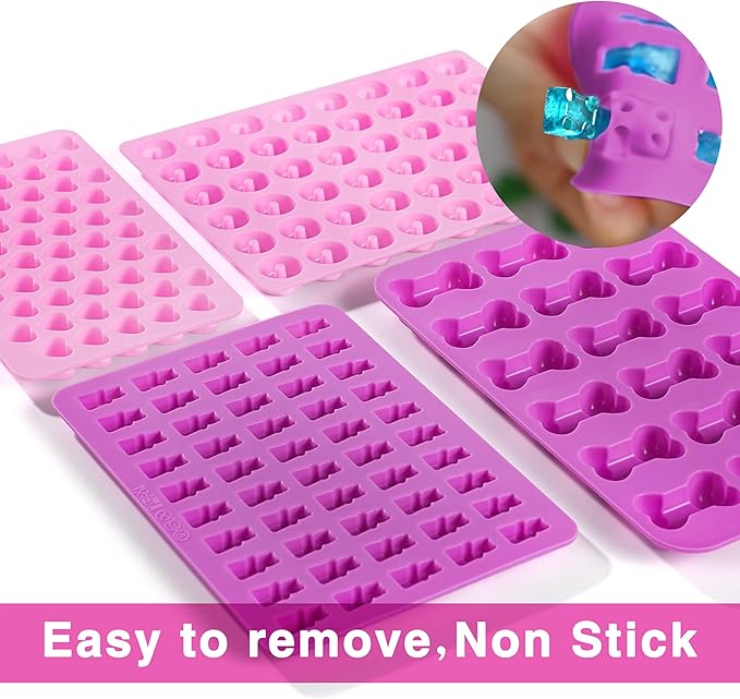 Gummy Candy Molds, 4 Pcs Silicone Chocolate Molds with 4 Droppers, Non-stick Candy Molds for Caramels, Ganache, Ice Cubes, Bone Bear Donut Heart Shape Included