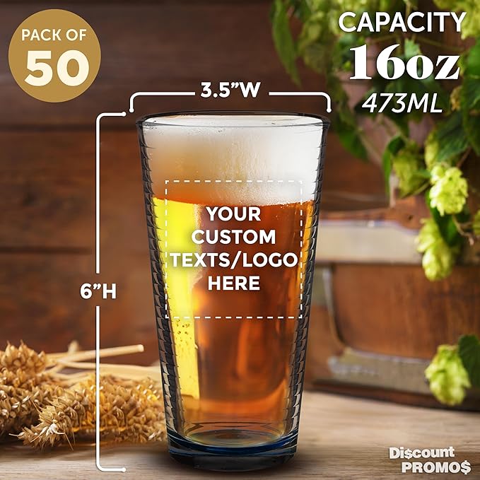Custom Spiral Pint Glass 16 oz. Set of 50, Personalized Bulk Pack - Beer Glasses, Heavy Duty Drinkware - Blue