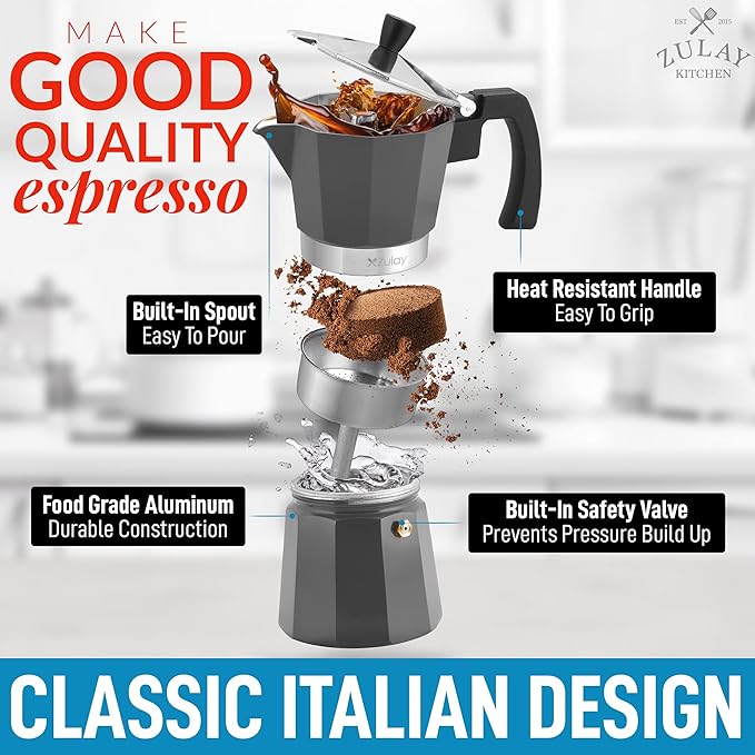 Zulay Classic Italian Style 6 Espresso Cup Moka Pot, Classic Stovetop Espresso Maker for Great Flavored Strong Espresso, Makes Delicious Coffee, Easy to Operate & Quick Cleanup Pot (Dark Gray)