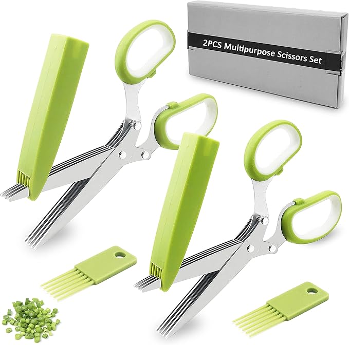 2 Pack Herb Scissors, Herb Scissors with 5 Blades and Cover, Multi Blade Kitchen Scissors for Cutting, Shredding and Cooking Cilantro Onion Salad Garden Herbs, Dishwasher Safety (Green)