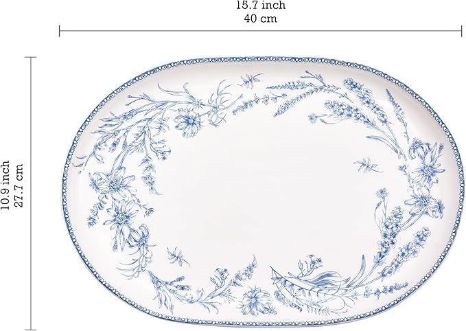Bico Blue Garden Toile De Jouy 16 plus 12 inch Oval Platters Set, Set of 2, Microwave and Dishwasher Safe, for Serving Fish, Chicken, Turkey