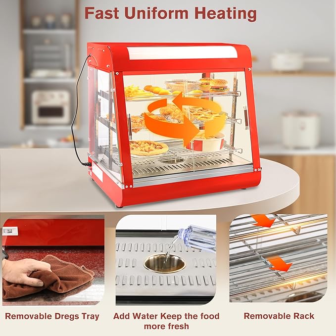 Whalefall 3-Tier Food Warmers Countertop, 27 inch Commercial Warm for Food Pizza Warmer w/ 3D Heating with Stainless Frame Sliding Glass Doors Pastry Display Case for Buffet Restaurant,Red
