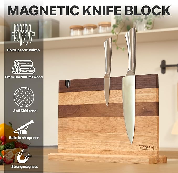 BRENZAA Magnetic Knife Block, Thick Wood Kitchen Knife Holder Stand with Strong Magnets, Multifunctional Double Side Knife Storage Organizer for Kitchen