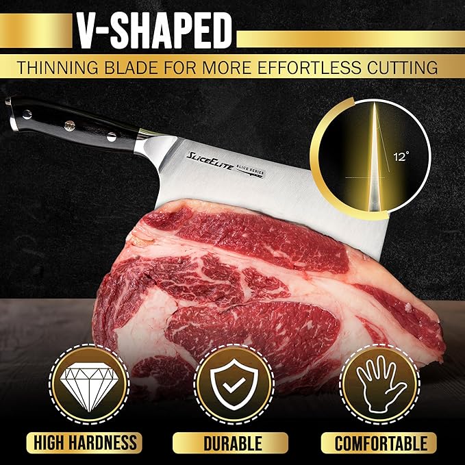 SliceElite Slice Series 7 Inch Bone Cutting knife High Carbon German Steel Blade Pakkawood Handle Dual Sheath Cleaver Chopper Butcher Tool Heavy Duty Kitchen Meat Slicer Vegetable Sharp Gift BBQ Chef
