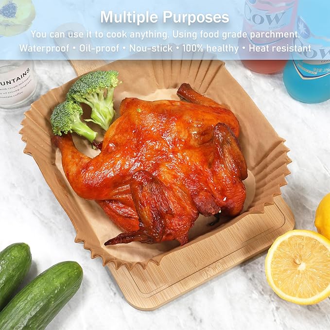 100PCS Air Fryer Paper Liners, Disposable Non-Stick Air Fryer Parchment Paper Fit 4-8QT Air fryer Basket Oil Resistant, Waterproof Baking Paper Roasting Microwave (Square,8 Inch)
