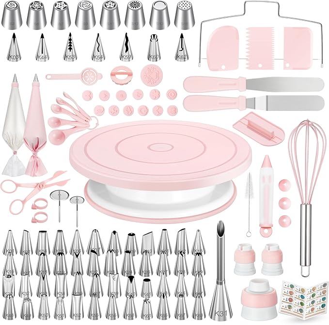 Kootek 158 Pcs Cake Decorating Kit with Cake Turntable, 64 Piping Tips Set, 50+2 Pastry Bags, Frosting Spatulas, Leveler, Scrapers, Fondant Molds, and More Baking Supplies Decorating Tools
