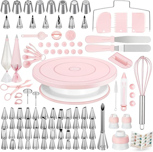 Kootek 158 Pcs Cake Decorating Kit with Cake Turntable, 64 Piping Tips Set, 50+2 Pastry Bags, Frosting Spatulas, Leveler, Scrapers, Fondant Molds, and More Baking Supplies Decorating Tools