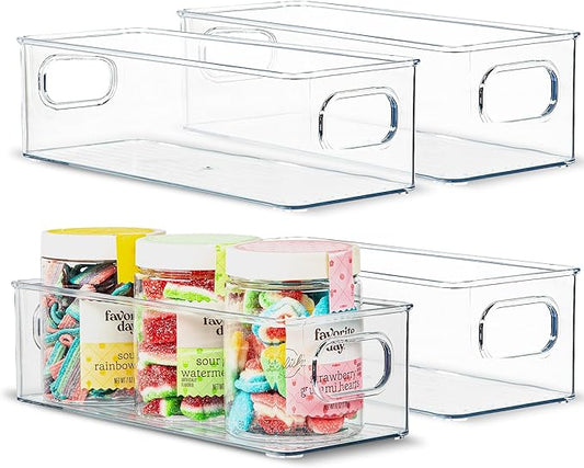 Plastic Food Storage 4 Pack Clear Container Bin with Handles for Organizing Kitchen, Pantry, Fridge, Freezer, Pantry,Bathroom. Stackable. 10"x4"3"