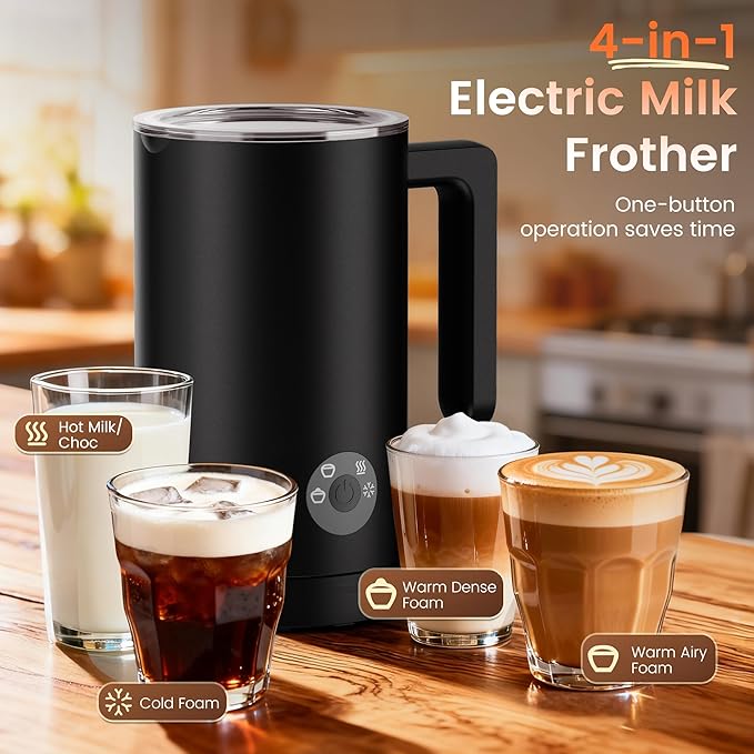 Milk Frother Electric, 4-in-1 Milk Frother and Steamer for Latte, Cappuccino, Hot & Cold Milk Froth Maker, Automatic Milk Steamer and Frother, Quiet One-Touch Operation, Easy to Clean