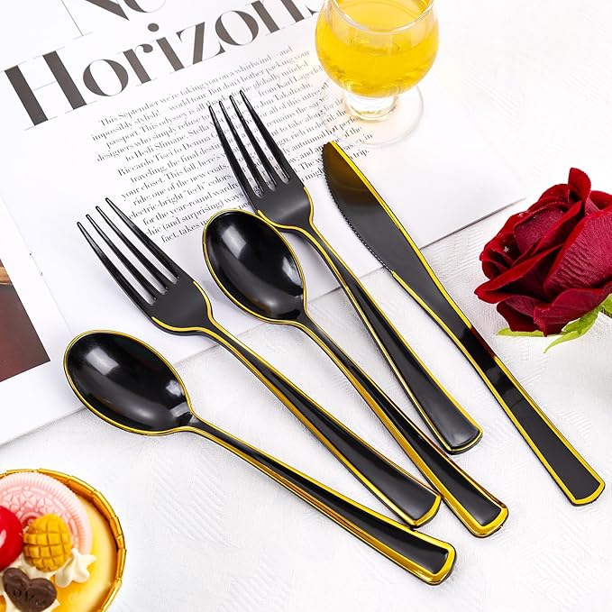 WDF 180 Pieces Black and Gold Plastic Silverware -Halloween Black Plastic Cutlery Incluede 60 Forks 60 Knives 60 Spoons Heavy Duty Disposable Flatware - Gold Utensils for New Year/Party/Daily Use