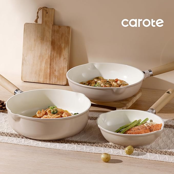 CAROTE 10" Ceramic Frying Pan with Lid, Non Stick Frying Pan Skillet Chef's Pan, Healthy & PFOA/PFAS Free, Induction-Compatible, Taupe