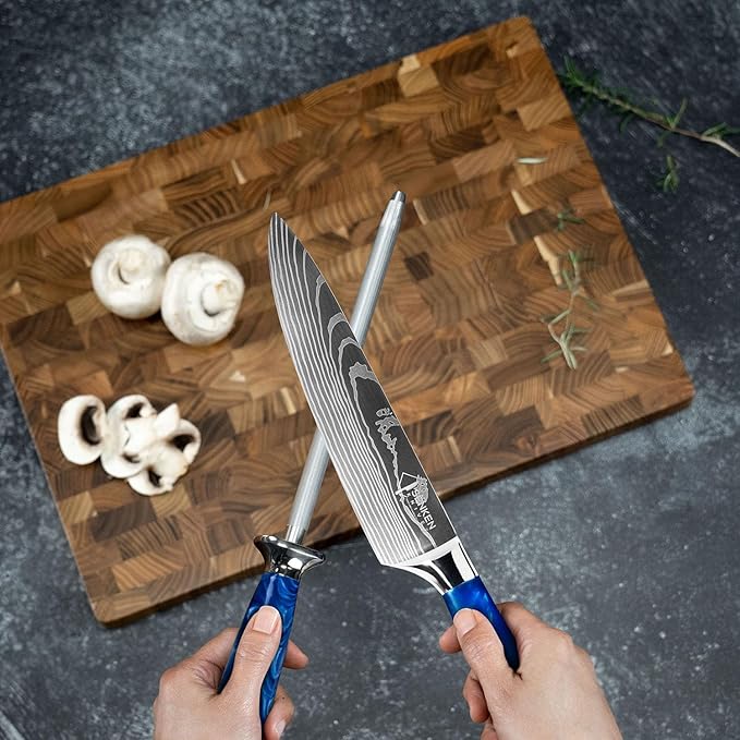 SENKEN Professional Knife Sharpening Steel with Blue Resin Handle - High Carbon Stainless Steel Rod for Sharpening & Honing Knives (Blue Resin)