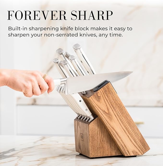 White Knife Set with Block – 14-Piece Forged Stainless Steel Knives with Triple Rivet Handles, Heavy-Duty Kitchen Shears, and Self-Sharpening Knife Block – Durable White Kitchen Accessories