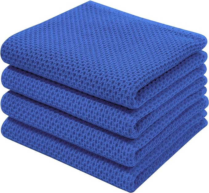 Homaxy 100% Cotton Waffle Weave Kitchen Dish Towels, Ultra Soft Absorbent Quick Drying Cleaning Towel, 13 x 28 Inches, 4-Pack, Blueberry