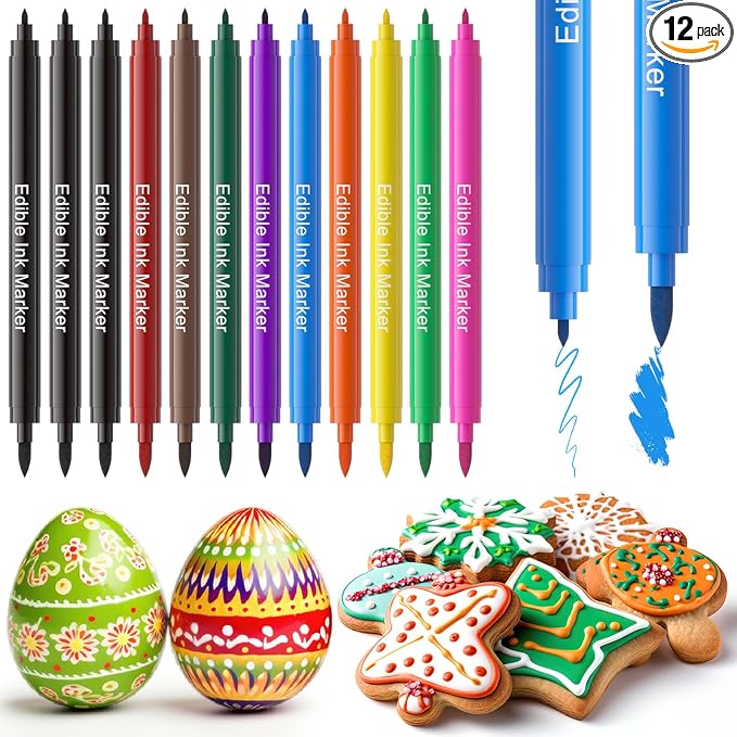 Jewem Edible Markers for Cookie Decorating,12Pcs Food Coloring Pens, Double Side Food Grade Pens with Fine & Thick Tip for Decorating Fondant, Cakes, Cookies, Easter Eggs, Frosting, Macaron, Halloween, Christmas