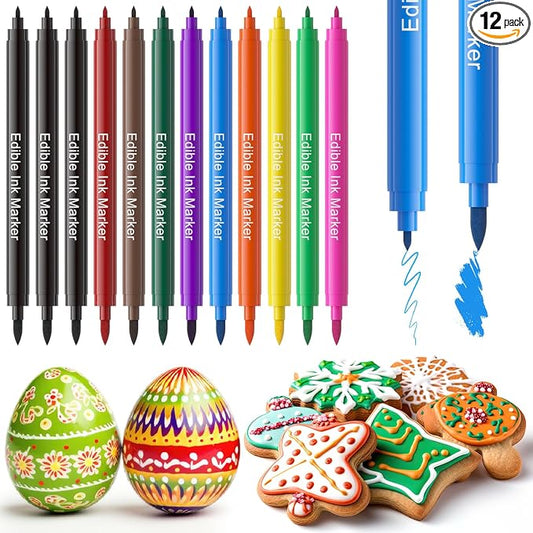 Jewem Edible Markers for Cookie Decorating,12Pcs Food Coloring Pens, Double Side Food Grade Pens with Fine & Thick Tip for Decorating Fondant, Cakes, Cookies, Easter Eggs, Frosting, Macaron, Halloween, Christmas