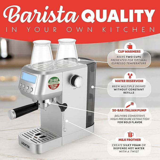 Gourmia Slim Espresso Machine – 20-Bar Pump, LCD Display, Milk Frother, Adjustable Temperature, Manual & Auto Brew for Single/Double Shots, 1350W, Stainless Steel