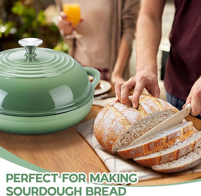 E-far Dutch Oven for Sourdough Bread Baking, 6 Qt Round Enameled Cast Iron Dutch Oven for Homemade Artisan Bread, Dome Lid & Shallow Base, Matte Black Interior & Durable, Oven-Safe to 500℉, Green