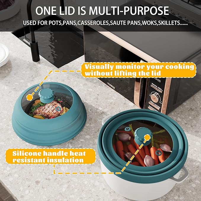 Collapsible Microwave Splatter Cover - Vented Silicone & Glass Lid with Easy-Grip Handle, Fits 6 to 11 Inch Plates & Bowls, 11.8 Inch Diameter, Prevents Splatters & Ensures Even Heating