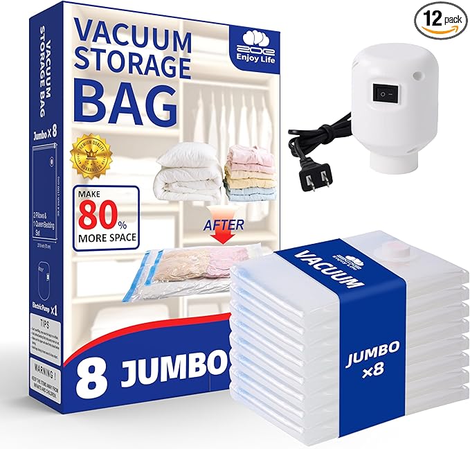 Vacuum Storage Bags with Electric Pump,8 Pack Extra Large Space Saving Vacuum Seal Bags for Bedding,Blanket,Comforters,Duvets,Pillows(8 Jumbo)