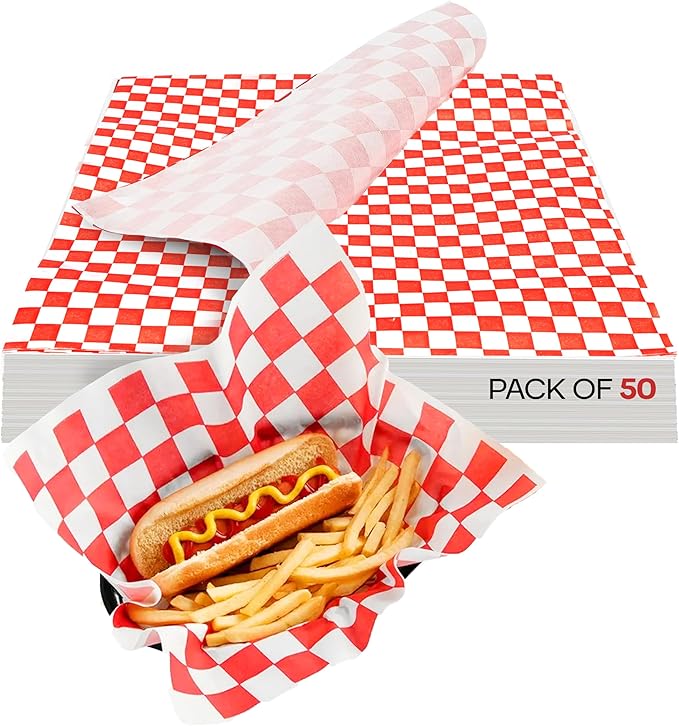Red Checkered Deli Paper Sheets, 12" x 12" (50 pcs.) - USA-Made Premium Food Basket Liners - PFAS-free Grease Resistant Deli Paper Sheets for Food, Snack & Baking Wrap, Picnic & Party by IDL Packaging
