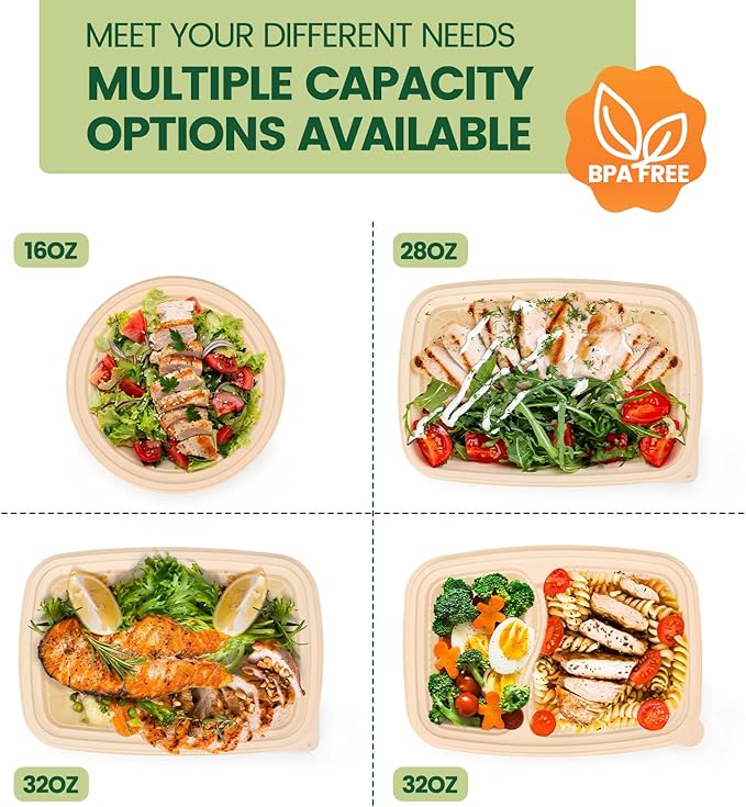 Glotoch Express 32 oz-200 Pack Meal Prep Containers with Lids,Resuable Cornstarch Material Salad Containers, Plant-based Lunch Boxes, Plastic Take Out Bowls for Restaurant